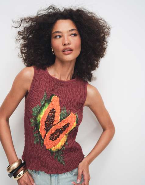 ASOS DESIGN Shirred tank top with papaya graphic in brown - view 1