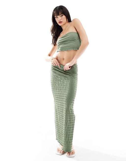 ASOS DESIGN shirred textured bandeau top and column maxi skirt set in khaki
