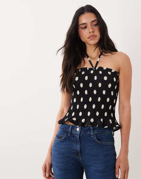 ASOS DESIGN shirred tie front bandeau in black and white spot - view 1