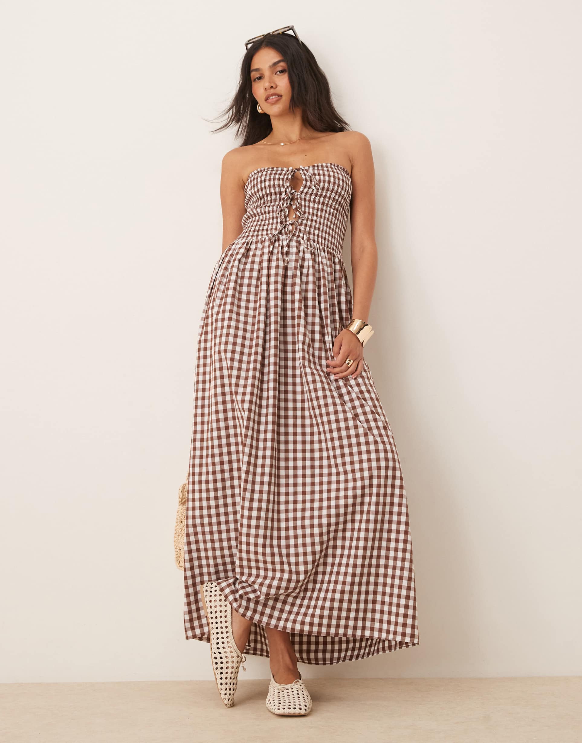 asos design shirred tie front bandeau maxi dress in chocolate gingham