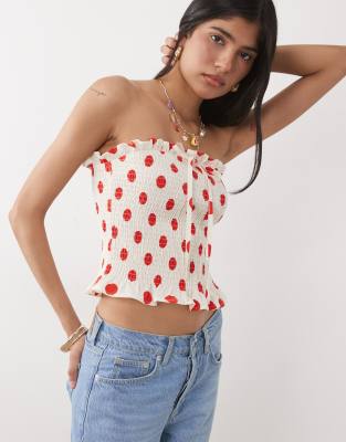 Asos Design Shirred Tie Front Bandeau Top In Multi
