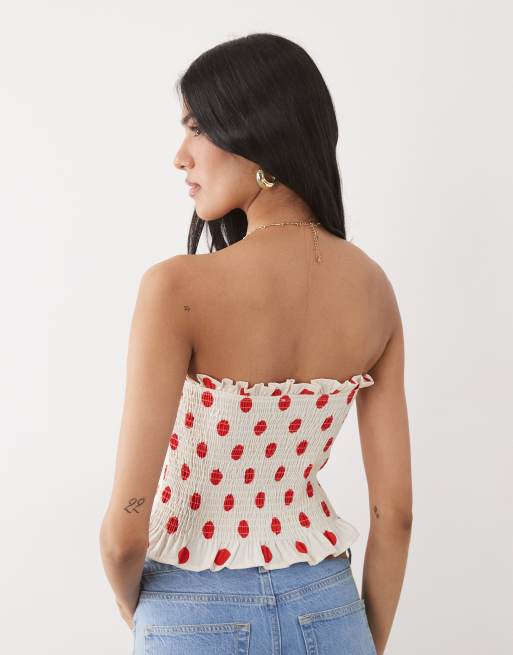 ASOS DESIGN shirred tie front bandeau top in cream and red spots, 4 of 4