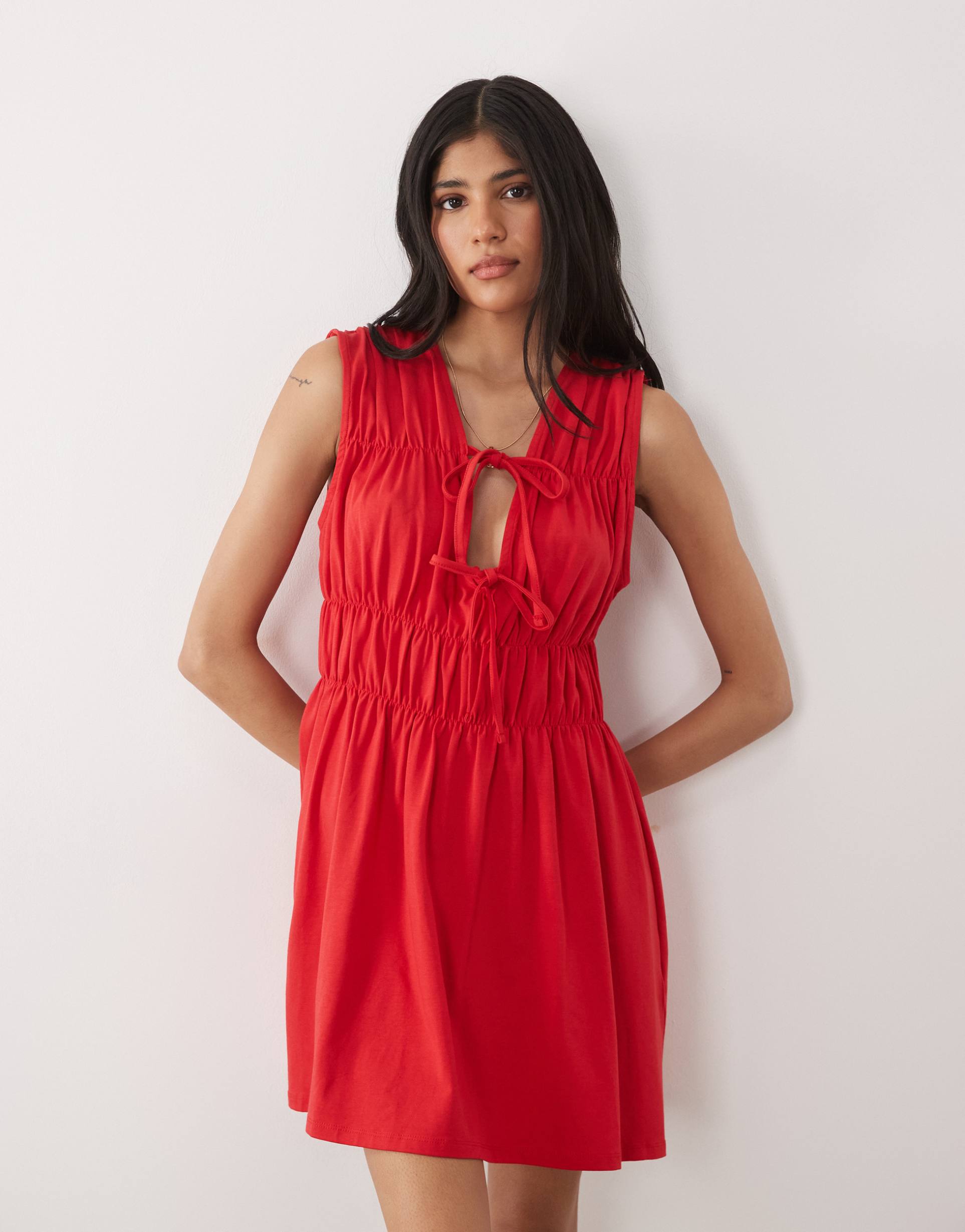 asos design shirred tie front mini dress in red