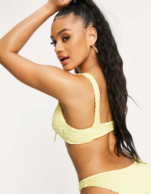 ASOS DESIGN shirred tie front triangle bikini top in pastel yellow, 2 of 4