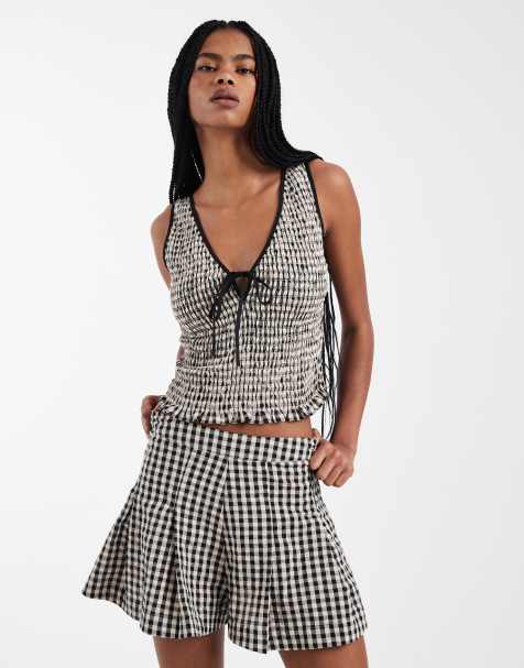ASOS DESIGN shirred tie front v neck vest top in gingham - view 1