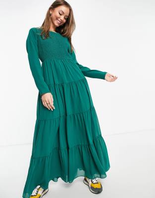 ASOS DESIGN shirred tiered maxi dress in khaki-Green