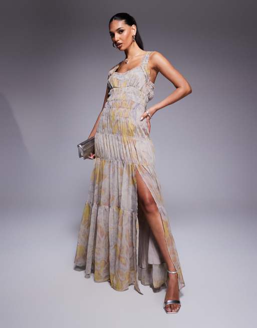 ASOS DESIGN shirred tiered ruffle trim maxi dress in floral print
