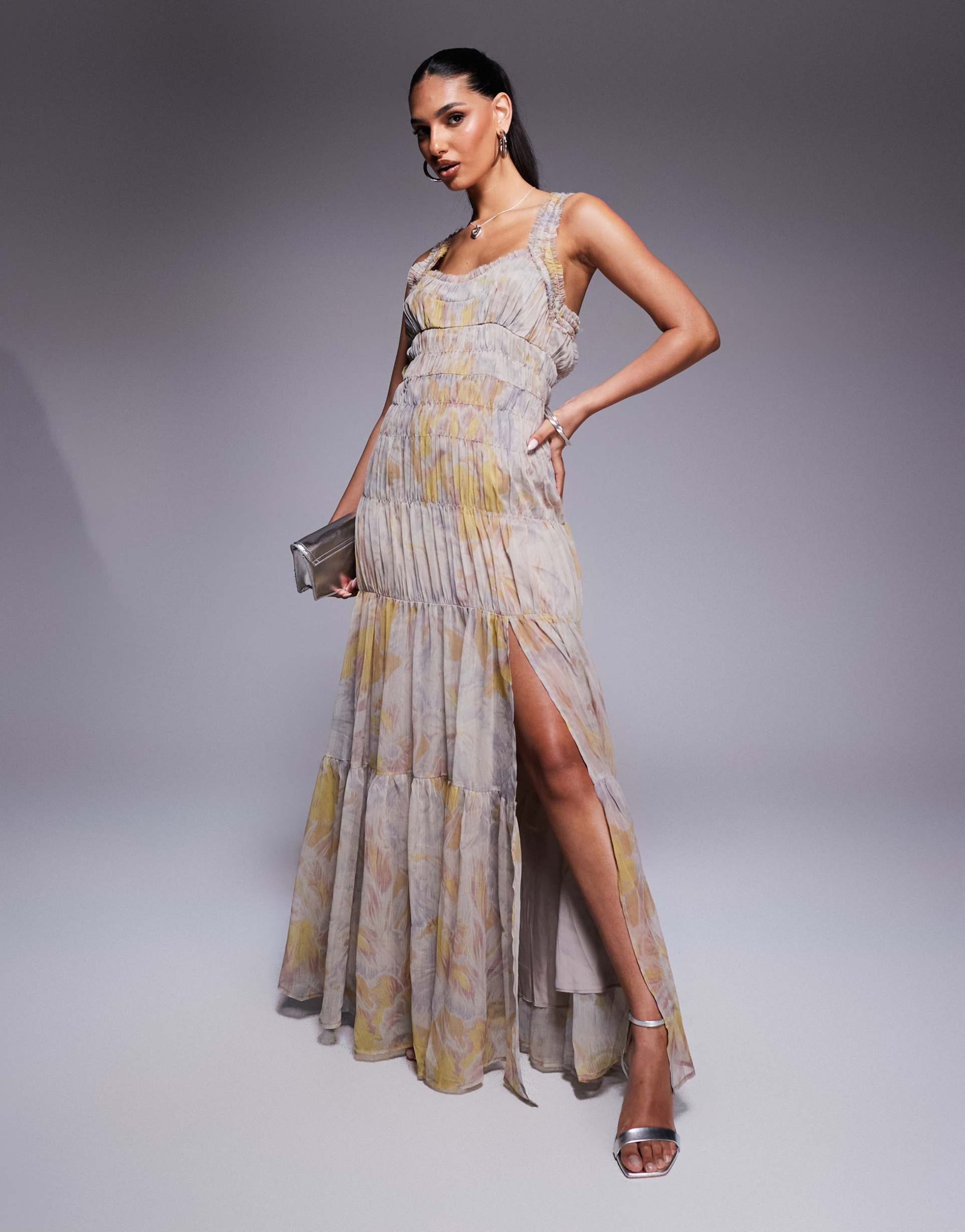 asos design shirred tiered ruffle trim maxi dress in floral print