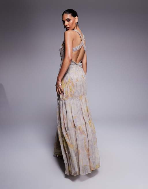 ASOS DESIGN shirred tiered ruffle trim maxi dress in floral print
