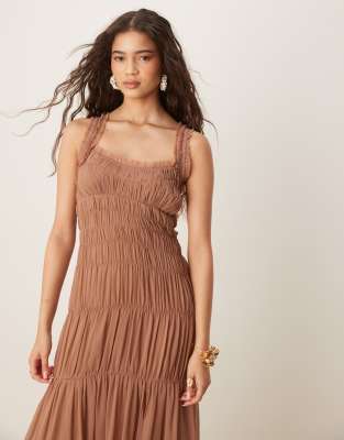 Asos Design Shirred Tiered Ruffle Trim Maxi Dress In Brown