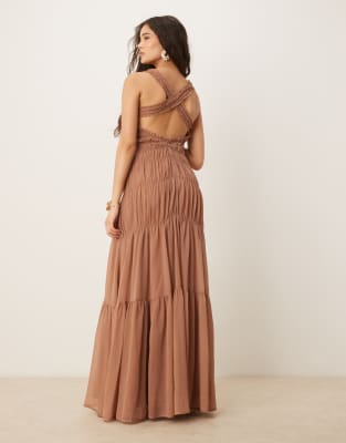 ASOS DESIGN shirred tiered ruffle trim maxi dress in mauve | ASOS