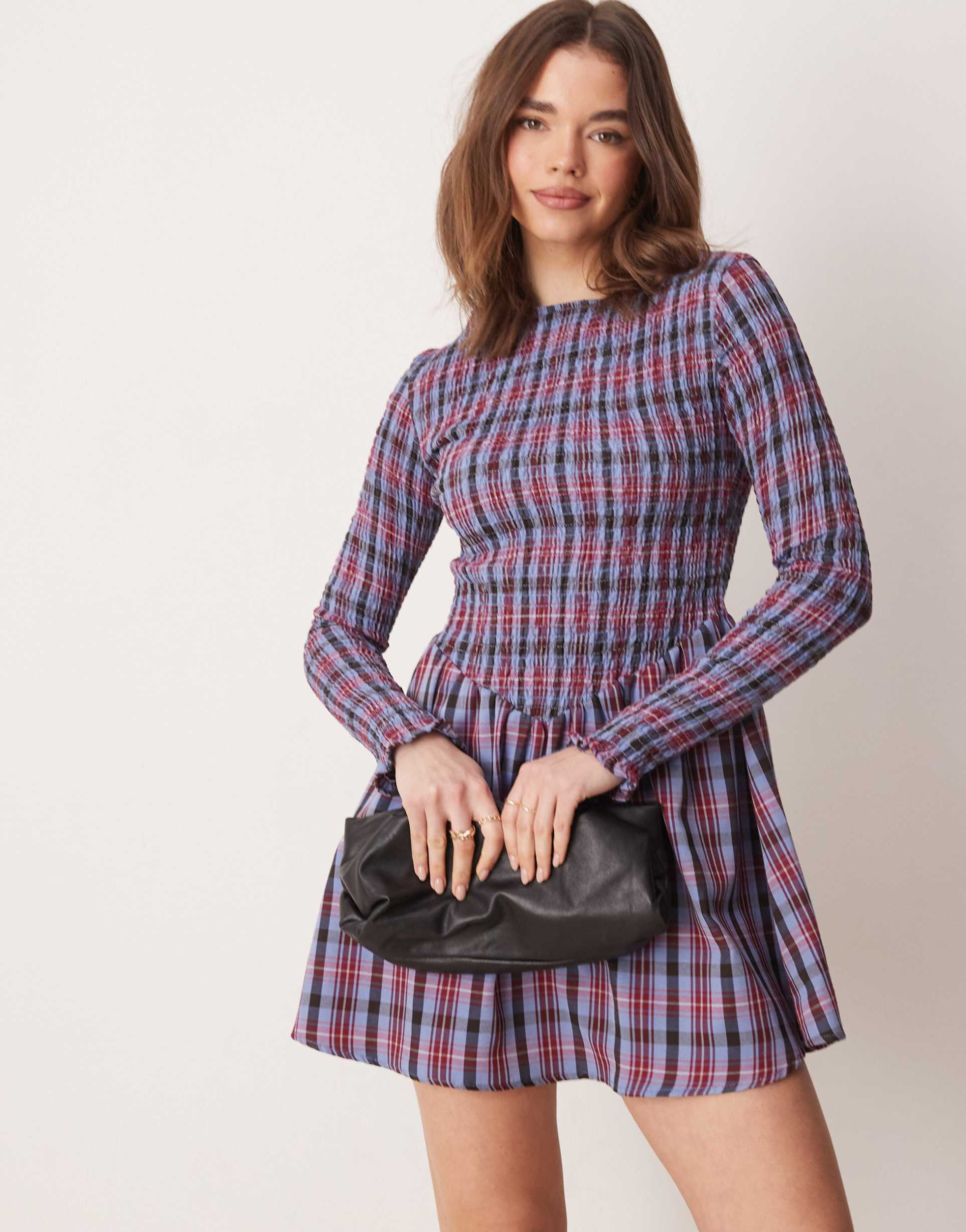 asos design shirred top mini dress in blue plaid