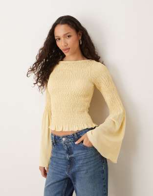 Asos Design Shirred Top With Angel Sleeves In Yellow