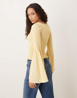 Asos Design Shirred Top With Angel Sleeves In Yellow