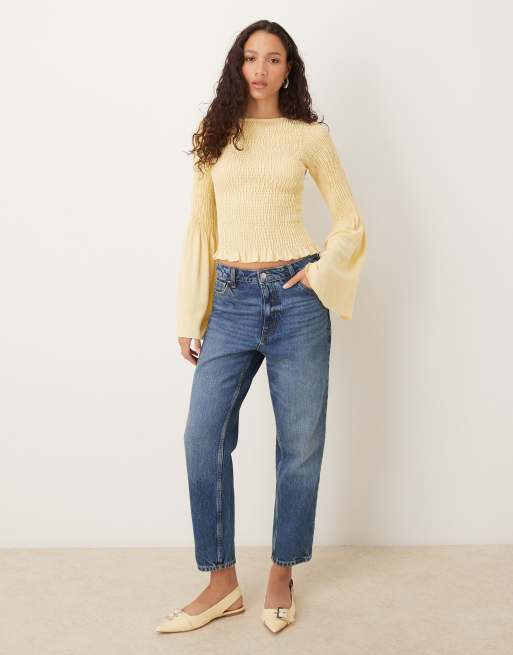 ASOS DESIGN shirred top with angel sleeves in buttermilk, 4 of 4