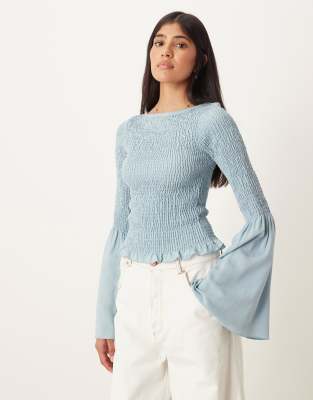 Asos Design Shirred Top With Angel Sleeves In Blue