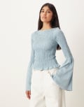 [ASOS DESIGN] ASOS DESIGN shirred top with angel sleeves in dusky blue L Dusky Blue