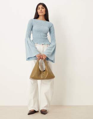 Asos Design Shirred Top With Angel Sleeves In Blue