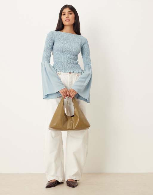 ASOS DESIGN shirred top with angel sleeves in dusky blue