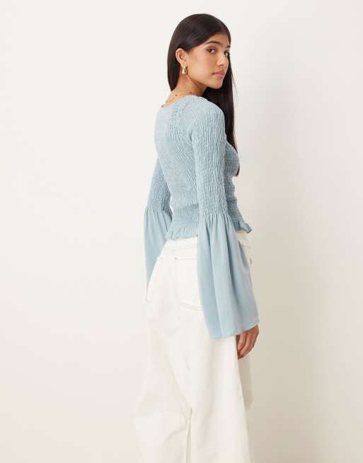 ASOS DESIGN shirred top with angel sleeves in dusky blue
