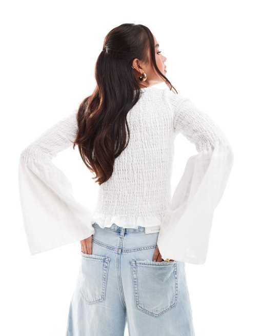 ASOS DESIGN shirred top with angel sleeves in white