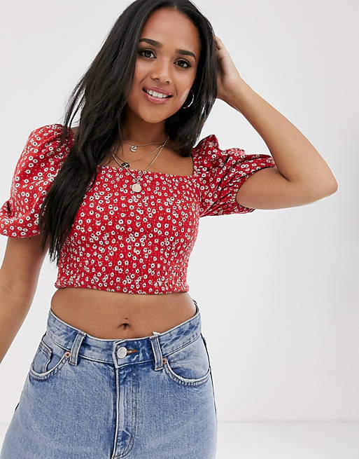 ASOS DESIGN shirred top with puff sleeve in red ditsy print