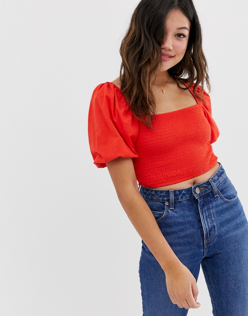 ASOS DESIGN shirred top with puff sleeve