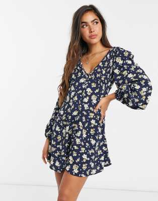 summer floral printed v collar button embellished vacation dress