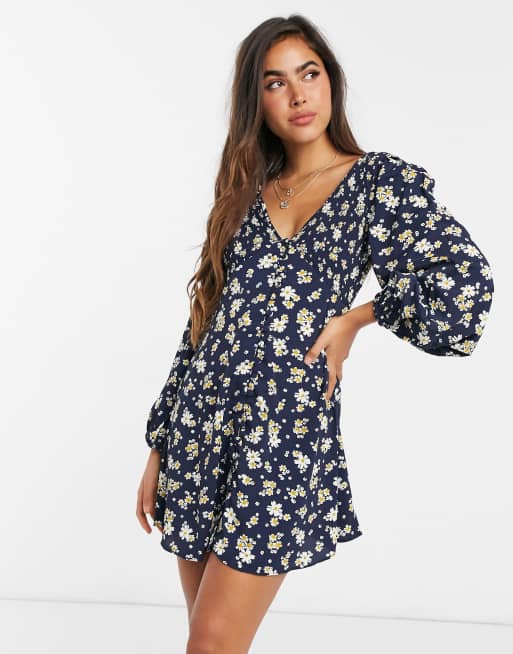 Asos Design Shirred V Neck Button Through Mini Tea Dress In Ditsy Floral Print Asos 