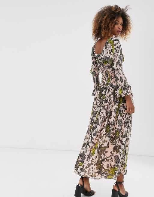 ASOS DESIGN shirred waist and cuff floral print maxi dress