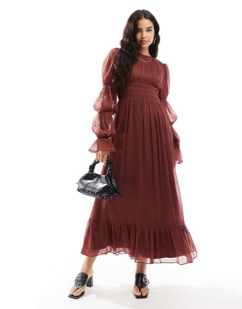 ASOS DESIGN shirred waist blouson tier sleeve maxi dress in burgundy - view 1