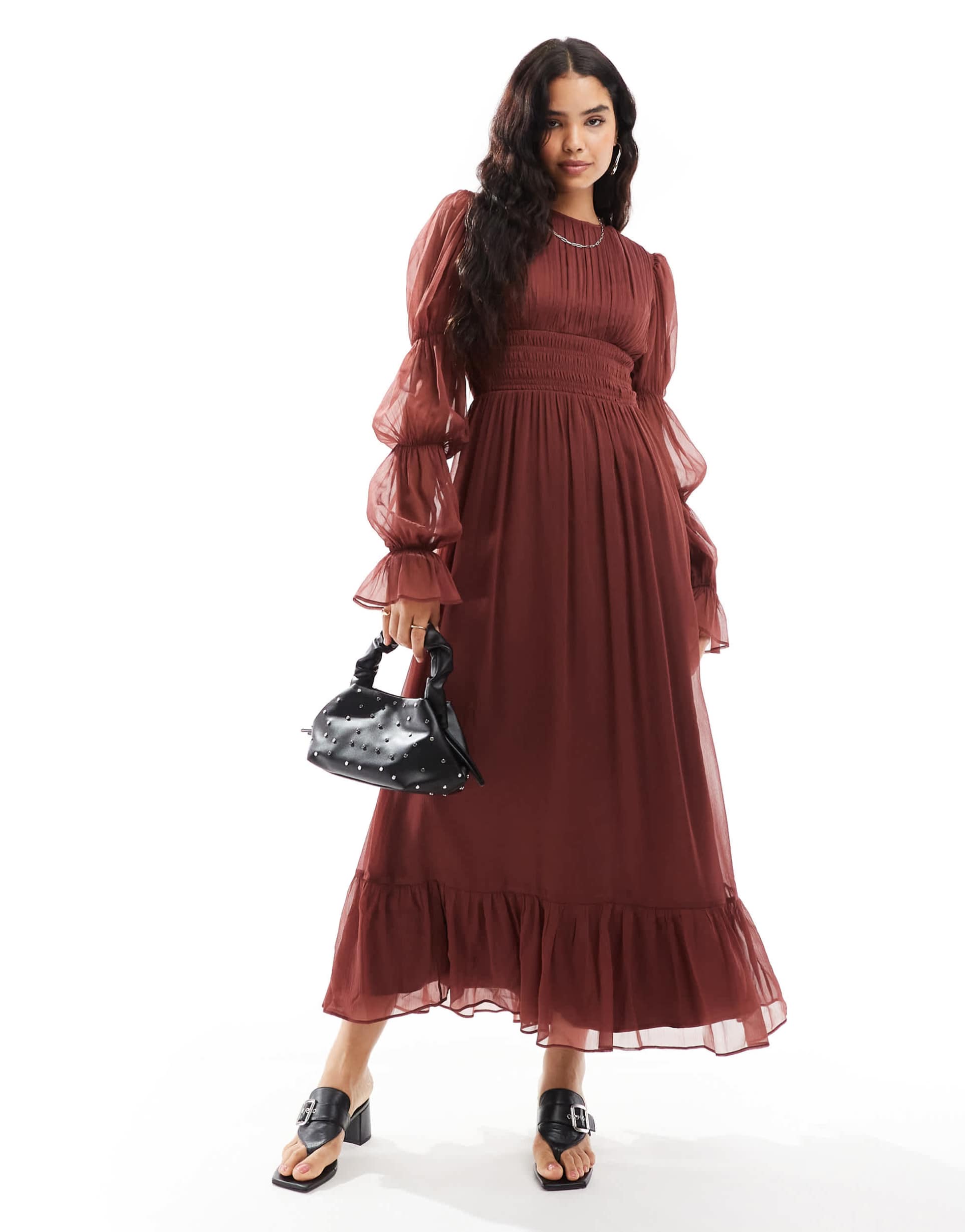 asos design shirred waist blouson tier sleeve maxi dress in burgundy