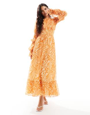 asos design shirred waist blouson tiered sleeve maxi dress in orange zebra print