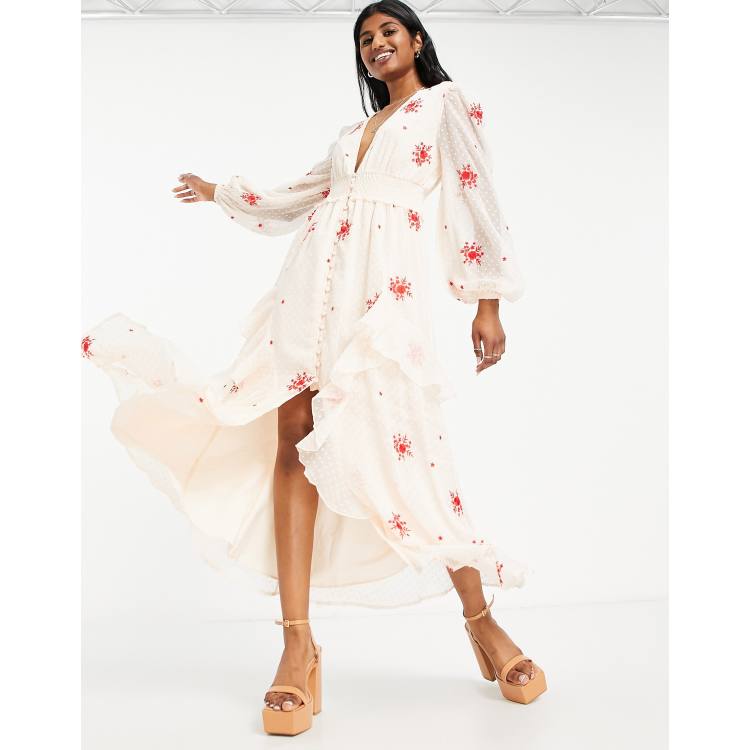 ASOS DESIGN shirred waist button through midi tea dress with all
