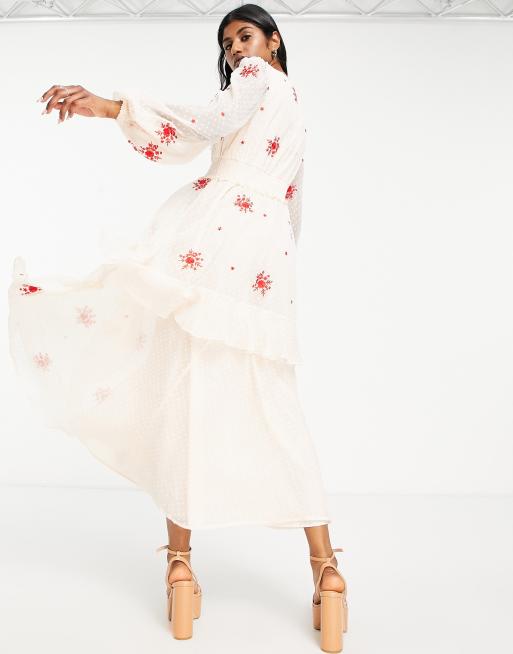 ASOS DESIGN shirred waist button through midi tea dress with all over embroidery in beige and red , 2 of 4