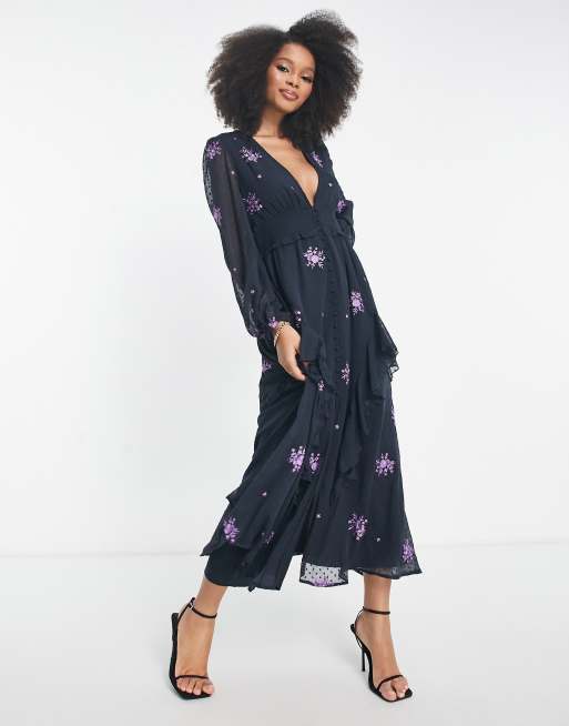 Asos design embroidered midi button through tea clearance dress