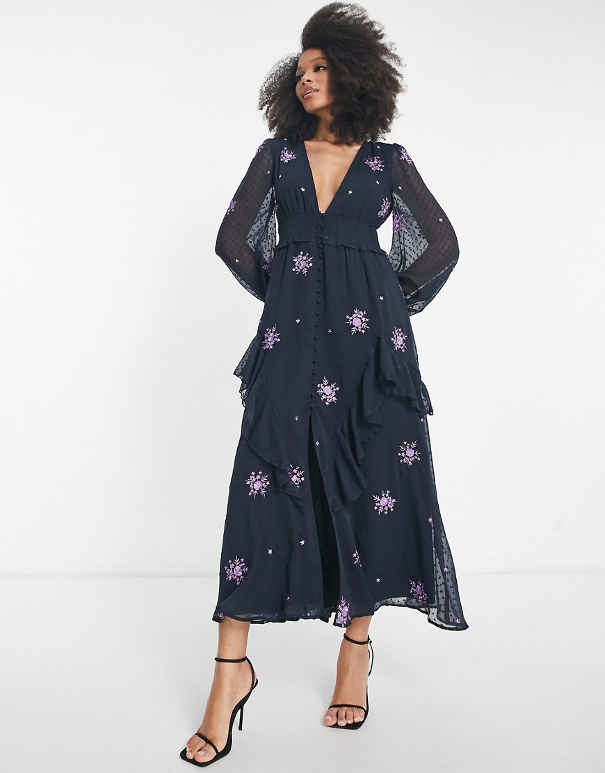 Asos Design Shirred Waist Button Up Midi Tea Dress With All Over Embroidery In Charcoal And Purple-multi