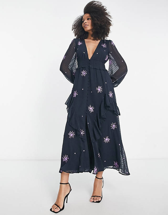ASOS DESIGN shirred waist button up midi tea dress with all over embroidery in charcoal and purple
