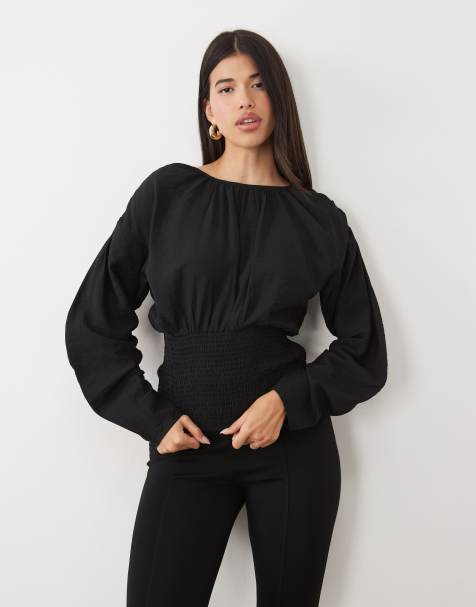 ASOS DESIGN shirred waist cocoon sleeve blouse in black - view 1