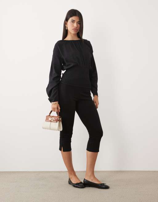 ASOS DESIGN shirred waist cocoon sleeve blouse in black, 2 of 4