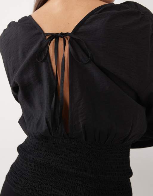 ASOS DESIGN shirred waist cocoon sleeve blouse in black, 3 of 4