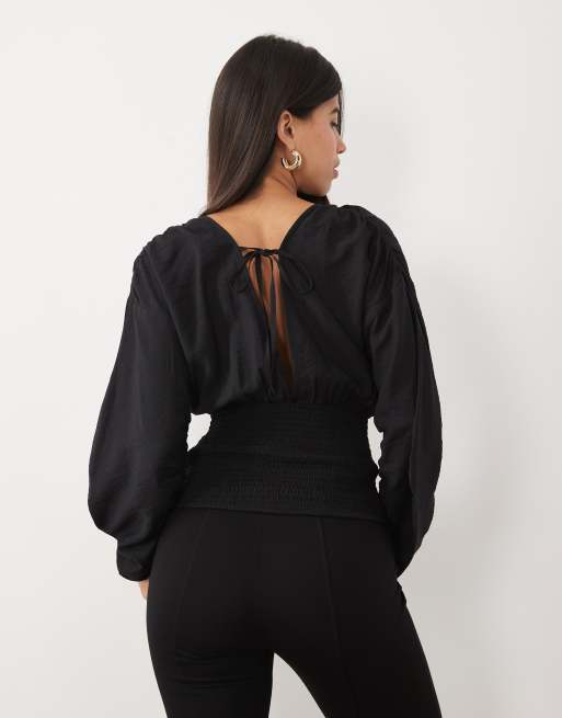 ASOS DESIGN shirred waist cocoon sleeve blouse in black, 4 of 4