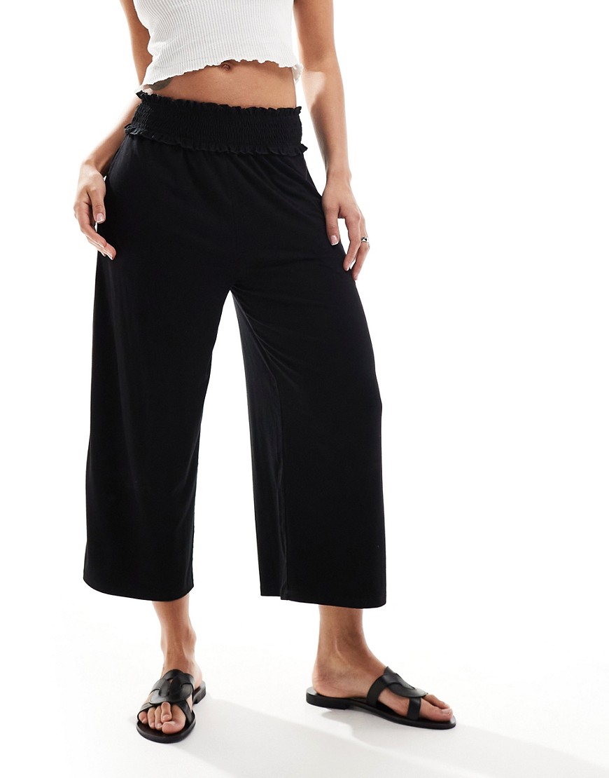 ASOS DESIGN shirred waist cropped culotte trouser in black