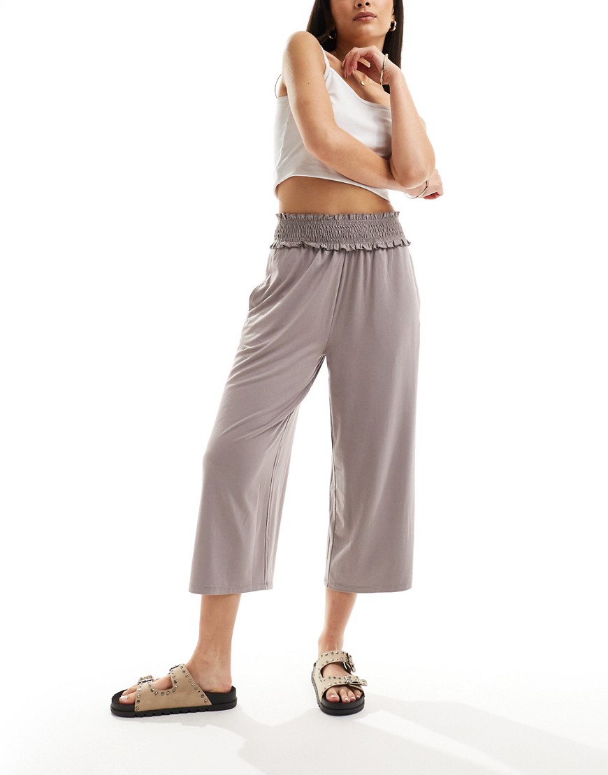 ASOS DESIGN shirred waist cropped culotte trouser in slate khaki-Grey