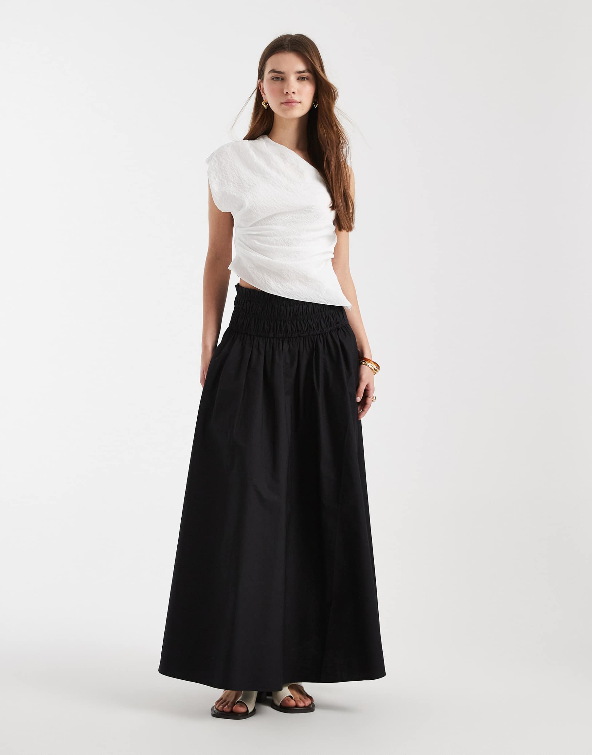 asos design shirred waist detail maxi skirt in black