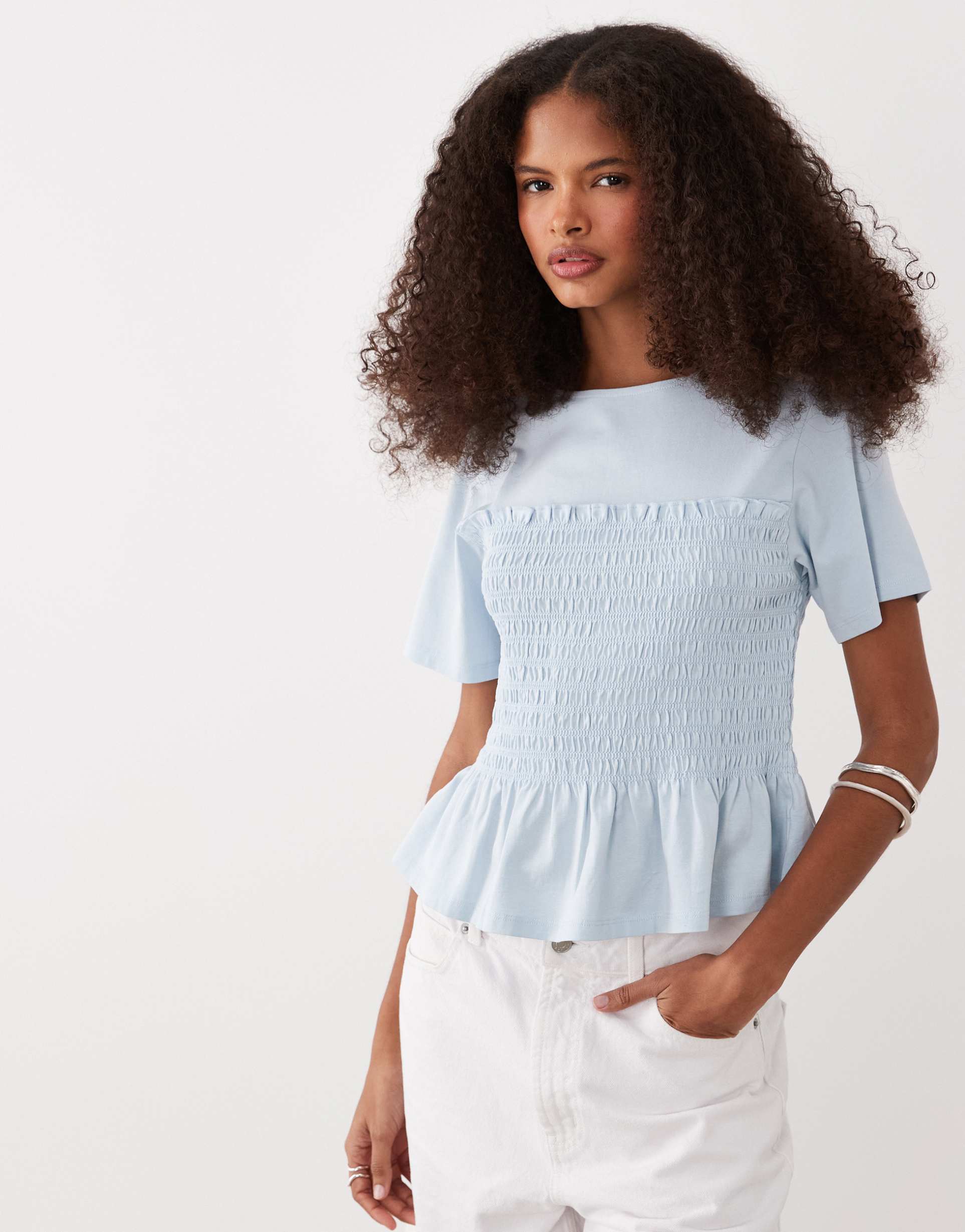 asos design shirred waist detail tee in baby blue