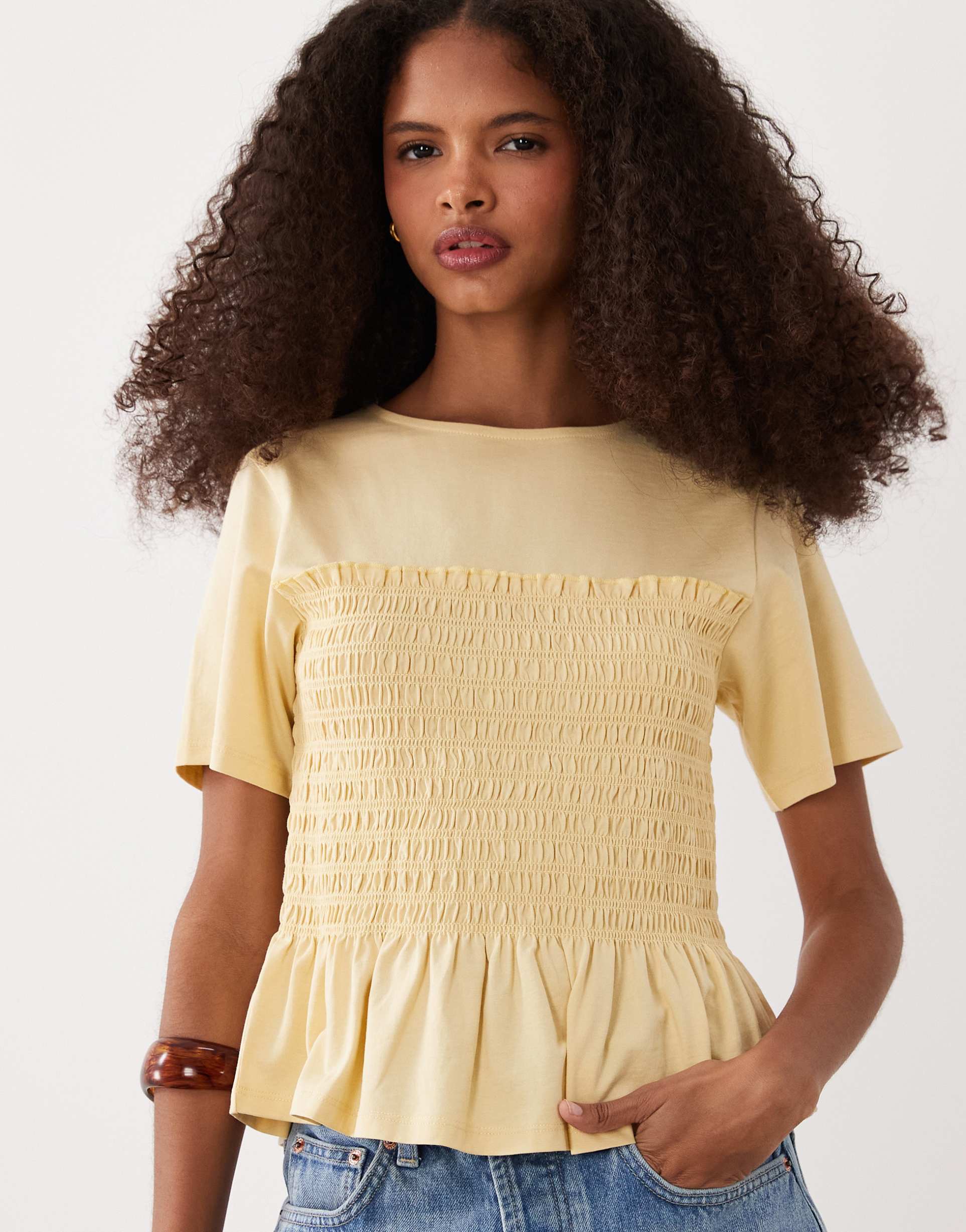 asos design shirred waist detail tee in buttermilk