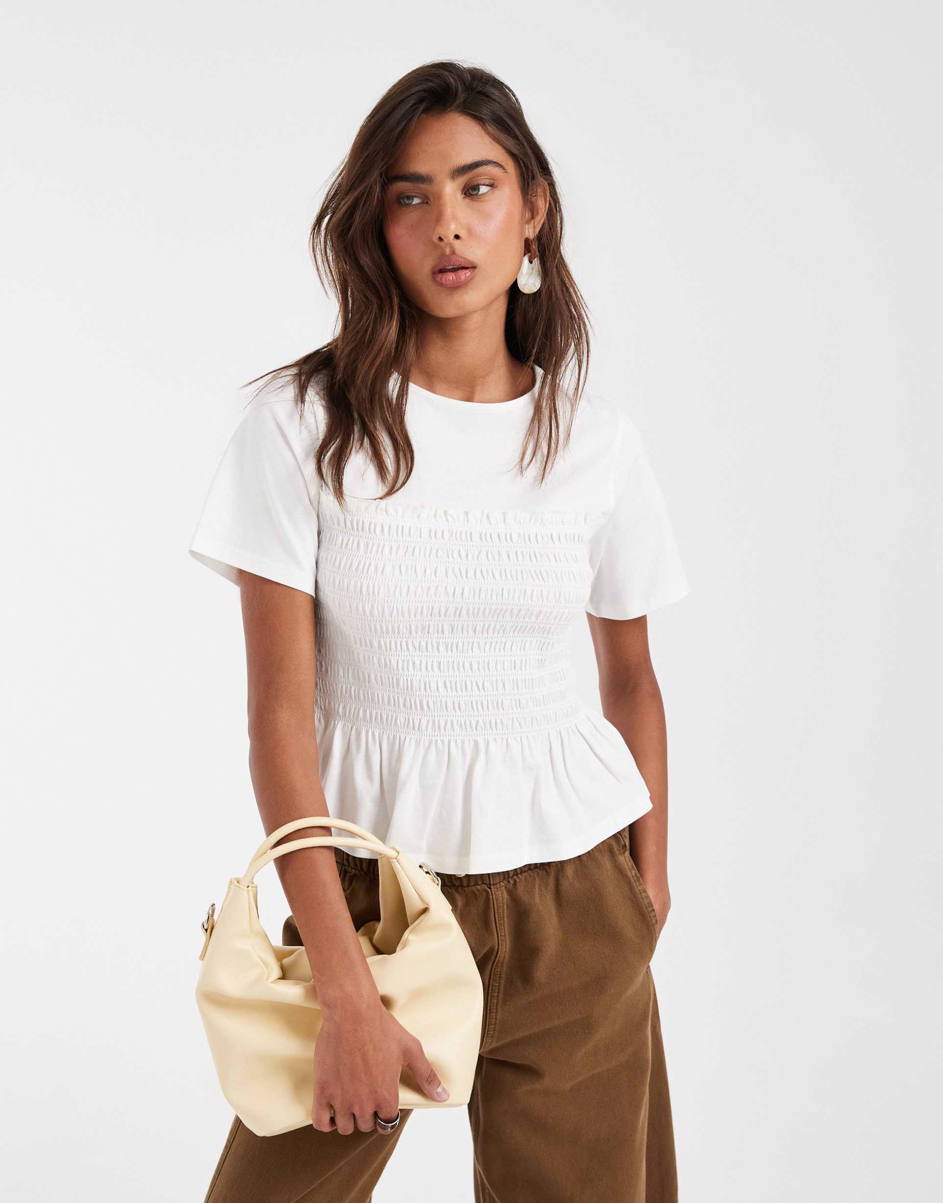 asos design shirred waist detail tee in cream