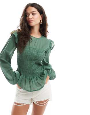 shirred waist frill detail blouse in green