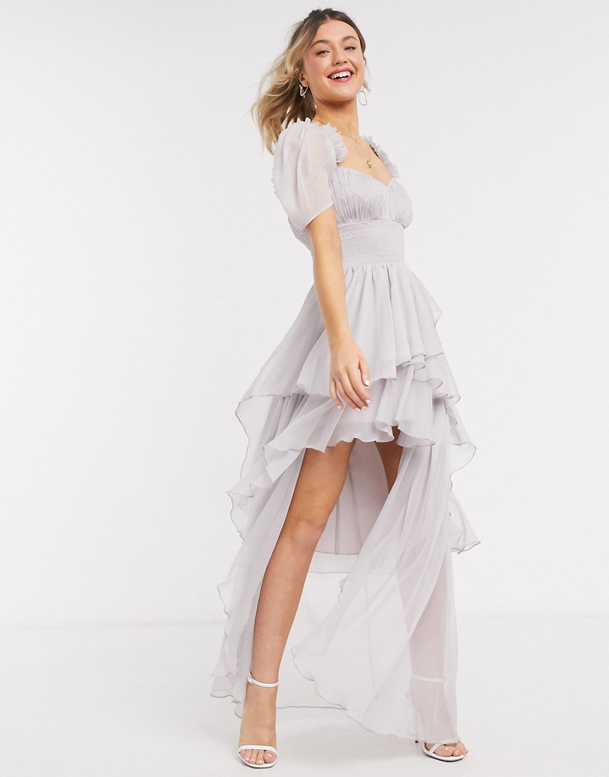 Asos Design Shirred Waist High Low Hem Maxi Dress With Puff Sleeve-multi